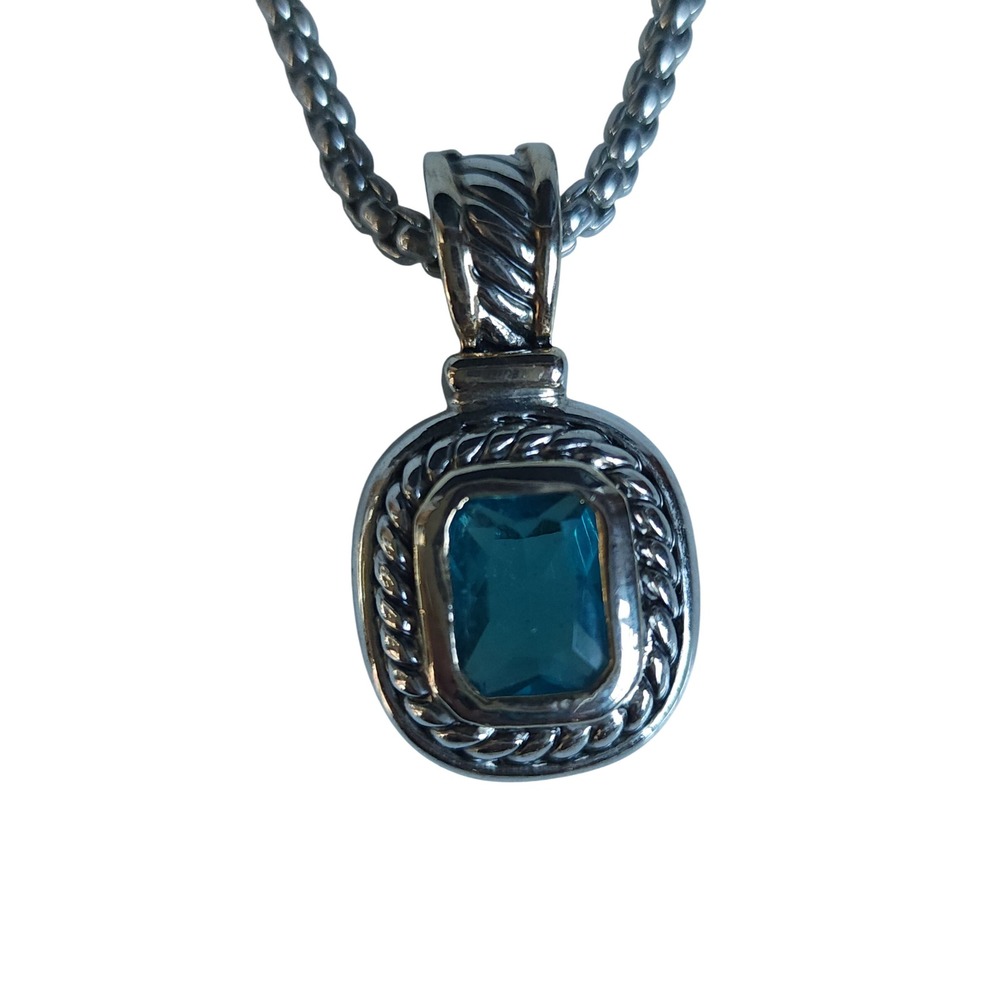 Blue Topaz Gemstone Pendant Necklace Silver Tone Emerald Cut Rope Elegant Chain